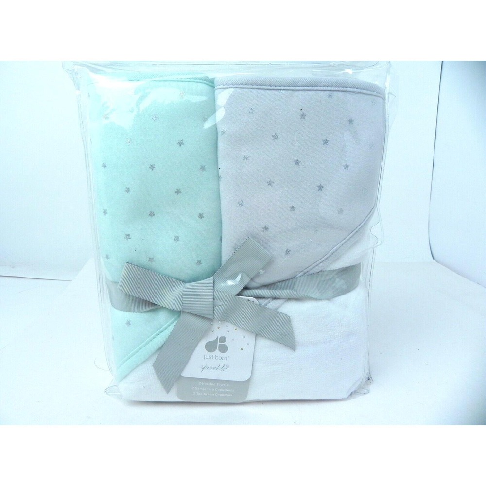 Just Born Sparkle Baby 2 Hooded Towels 30x30 White‎ Green